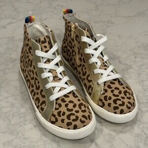 Mini Boden‎ Girls Leopard Print High Top Sneakers Gold Trim Rainbow Zip Size 39